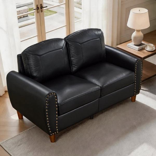 English Elm 59" Faux Leather Loveseat with Brass Nail Head Trim Rolled Arms and Rubberwood Legs Black W1097S00297