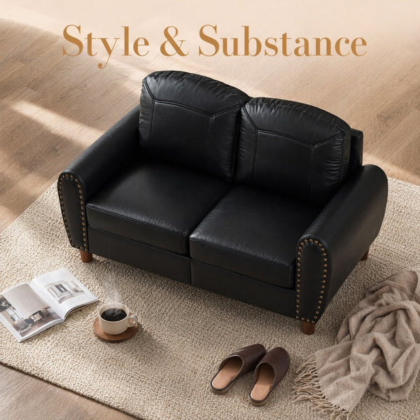 English Elm 59" Faux Leather Loveseat with Brass Nail Head Trim Rolled Arms and Rubberwood Legs Black W1097S00297