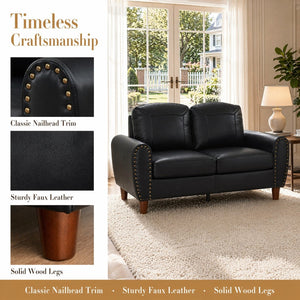 English Elm 59" Faux Leather Loveseat with Brass Nail Head Trim Rolled Arms and Rubberwood Legs Black W1097S00297