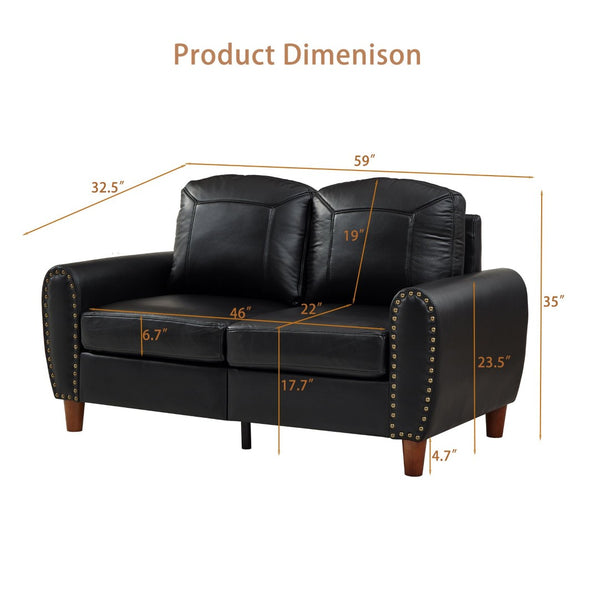English Elm 59" Faux Leather Loveseat with Brass Nail Head Trim Rolled Arms and Rubberwood Legs Black W1097S00297