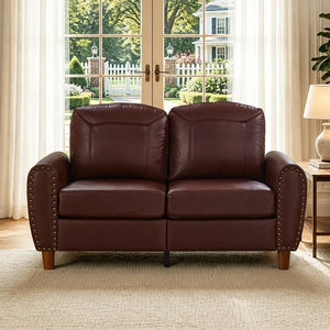 English Elm 59" Faux Leather Loveseat with Brass Nail Head Trim Rolled Arms and Rubberwood Legs Burgundy W1097S00298