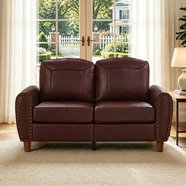 English Elm 59" Faux Leather Loveseat with Brass Nail Head Trim Rolled Arms and Rubberwood Legs Burgundy W1097S00298