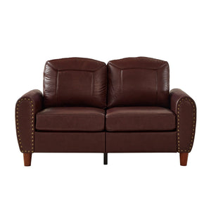 English Elm 59" Faux Leather Loveseat with Brass Nail Head Trim Rolled Arms and Rubberwood Legs Burgundy W1097S00298