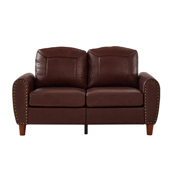 English Elm 59" Faux Leather Loveseat with Brass Nail Head Trim Rolled Arms and Rubberwood Legs Burgundy W1097S00298