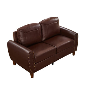 English Elm 59" Faux Leather Loveseat with Brass Nail Head Trim Rolled Arms and Rubberwood Legs Burgundy W1097S00298