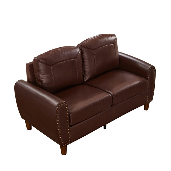 English Elm 59" Faux Leather Loveseat with Brass Nail Head Trim Rolled Arms and Rubberwood Legs Burgundy W1097S00298