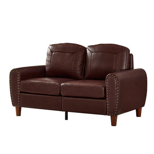 English Elm 59" Faux Leather Loveseat with Brass Nail Head Trim Rolled Arms and Rubberwood Legs Burgundy W1097S00298