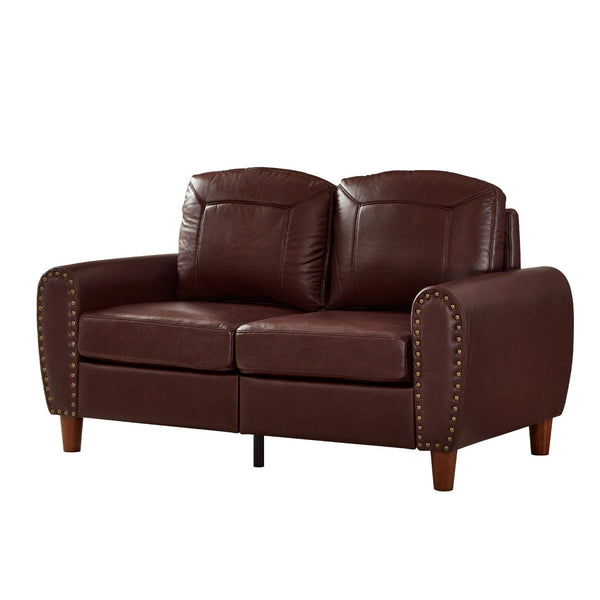 English Elm 59" Faux Leather Loveseat with Brass Nail Head Trim Rolled Arms and Rubberwood Legs Burgundy W1097S00298