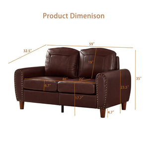 English Elm 59" Faux Leather Loveseat with Brass Nail Head Trim Rolled Arms and Rubberwood Legs Burgundy W1097S00298