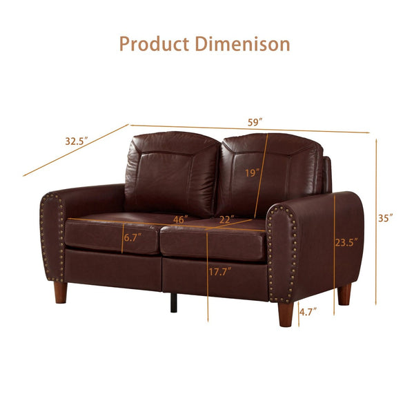 English Elm 59" Faux Leather Loveseat with Brass Nail Head Trim Rolled Arms and Rubberwood Legs Burgundy W1097S00298