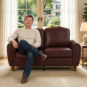 English Elm 59" Faux Leather Loveseat with Brass Nail Head Trim Rolled Arms and Rubberwood Legs Burgundy W1097S00298