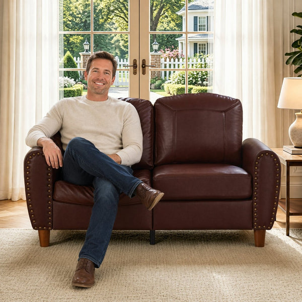 English Elm 59" Faux Leather Loveseat with Brass Nail Head Trim Rolled Arms and Rubberwood Legs Burgundy W1097S00298