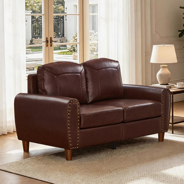 English Elm 59" Faux Leather Loveseat with Brass Nail Head Trim Rolled Arms and Rubberwood Legs Burgundy W1097S00298