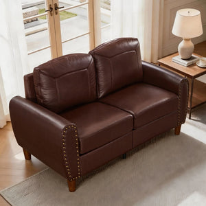 English Elm 59" Faux Leather Loveseat with Brass Nail Head Trim Rolled Arms and Rubberwood Legs Burgundy W1097S00298