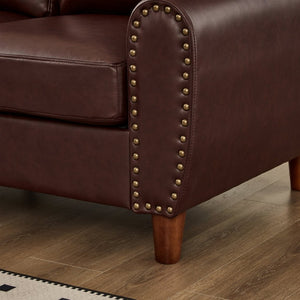 English Elm 59" Faux Leather Loveseat with Brass Nail Head Trim Rolled Arms and Rubberwood Legs Burgundy W1097S00298