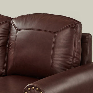 English Elm 59" Faux Leather Loveseat with Brass Nail Head Trim Rolled Arms and Rubberwood Legs Burgundy W1097S00298