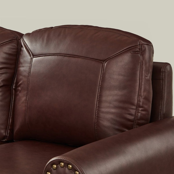 English Elm 59" Faux Leather Loveseat with Brass Nail Head Trim Rolled Arms and Rubberwood Legs Burgundy W1097S00298