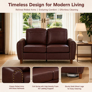 English Elm 59" Faux Leather Loveseat with Brass Nail Head Trim Rolled Arms and Rubberwood Legs Burgundy W1097S00298