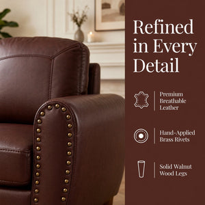 English Elm 59" Faux Leather Loveseat with Brass Nail Head Trim Rolled Arms and Rubberwood Legs Burgundy W1097S00298