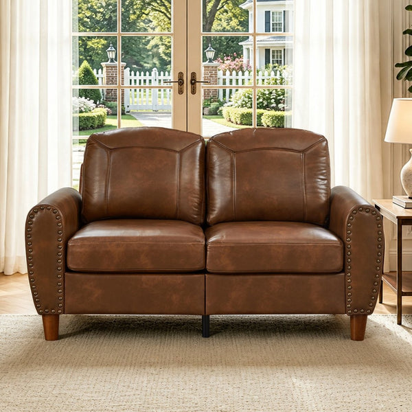 English Elm 59" Faux Leather Loveseat with Brass Nail Head Trim Rolled Arms and Rubberwood Legs Brown W1097S00299