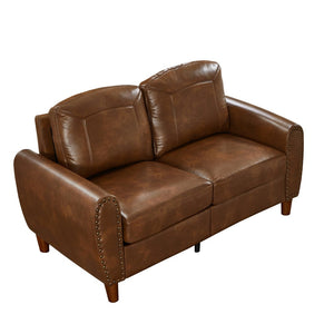 English Elm 59" Faux Leather Loveseat with Brass Nail Head Trim Rolled Arms and Rubberwood Legs Brown W1097S00299