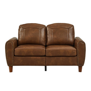 English Elm 59" Faux Leather Loveseat with Brass Nail Head Trim Rolled Arms and Rubberwood Legs Brown W1097S00299