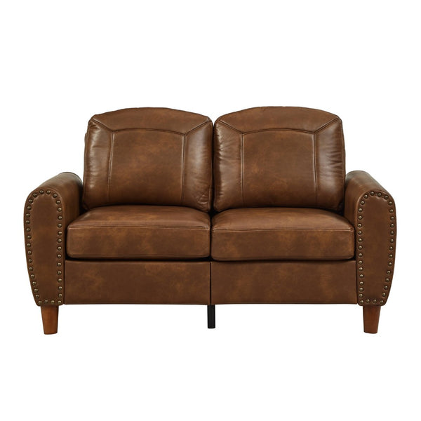 English Elm 59" Faux Leather Loveseat with Brass Nail Head Trim Rolled Arms and Rubberwood Legs Brown W1097S00299