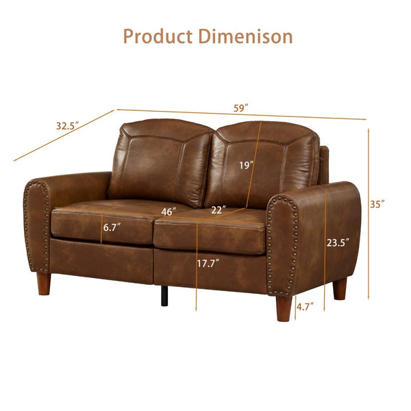 English Elm 59" Faux Leather Loveseat with Brass Nail Head Trim Rolled Arms and Rubberwood Legs Brown W1097S00299