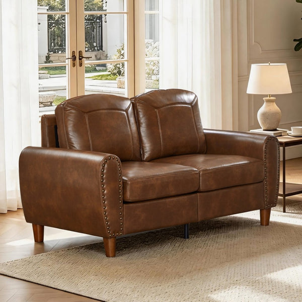 English Elm 59" Faux Leather Loveseat with Brass Nail Head Trim Rolled Arms and Rubberwood Legs Brown W1097S00299