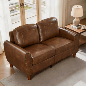 English Elm 59" Faux Leather Loveseat with Brass Nail Head Trim Rolled Arms and Rubberwood Legs Brown W1097S00299