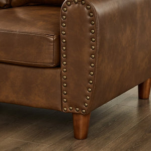 English Elm 59" Faux Leather Loveseat with Brass Nail Head Trim Rolled Arms and Rubberwood Legs Brown W1097S00299