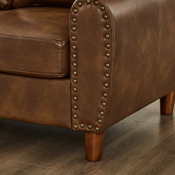 English Elm 59" Faux Leather Loveseat with Brass Nail Head Trim Rolled Arms and Rubberwood Legs Brown W1097S00299