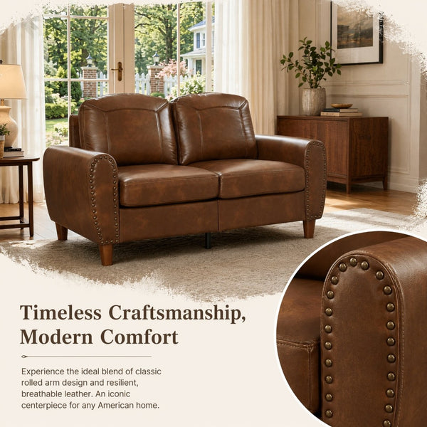English Elm 59" Faux Leather Loveseat with Brass Nail Head Trim Rolled Arms and Rubberwood Legs Brown W1097S00299