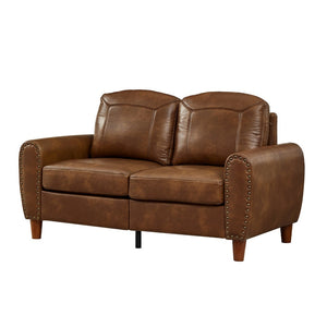 English Elm 59" Faux Leather Loveseat with Brass Nail Head Trim Rolled Arms and Rubberwood Legs Brown W1097S00299