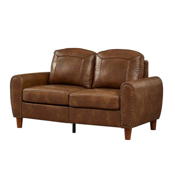 English Elm 59" Faux Leather Loveseat with Brass Nail Head Trim Rolled Arms and Rubberwood Legs Brown W1097S00299