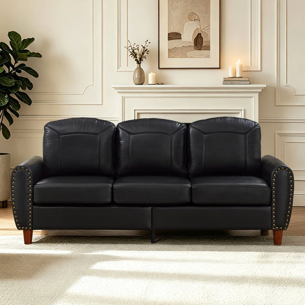 English Elm 81.5" Club Style Faux Leather Sofa with Brass Nailhead Trim and Solid Rubberwood Legs Black W1097S00300