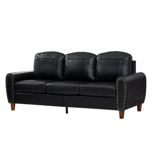 English Elm 81.5" Club Style Faux Leather Sofa with Brass Nailhead Trim and Solid Rubberwood Legs Black W1097S00300