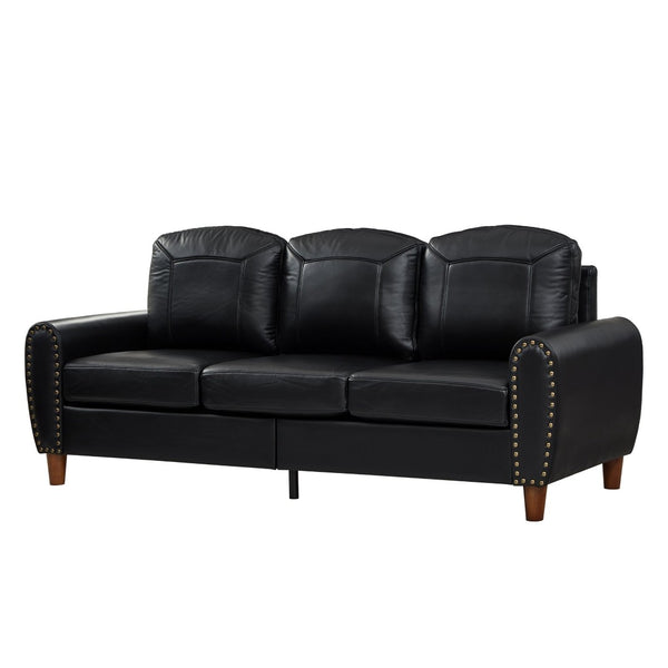 English Elm 81.5" Club Style Faux Leather Sofa with Brass Nailhead Trim and Solid Rubberwood Legs Black W1097S00300