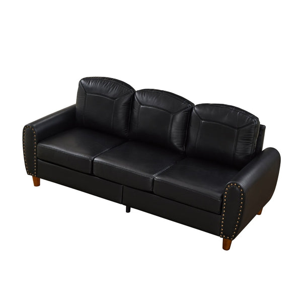 English Elm 81.5" Club Style Faux Leather Sofa with Brass Nailhead Trim and Solid Rubberwood Legs Black W1097S00300