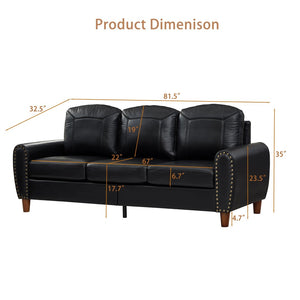 English Elm 81.5" Club Style Faux Leather Sofa with Brass Nailhead Trim and Solid Rubberwood Legs Black W1097S00300