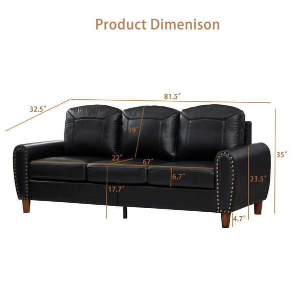 English Elm 81.5" Club Style Faux Leather Sofa with Brass Nailhead Trim and Solid Rubberwood Legs Black W1097S00300