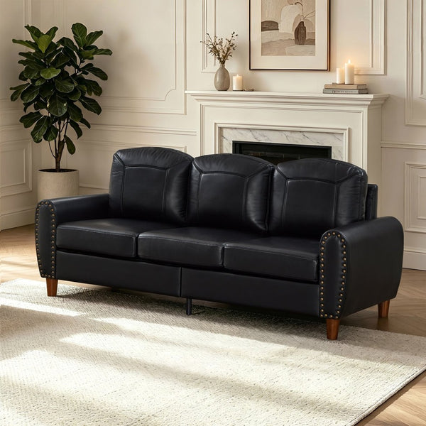 English Elm 81.5" Club Style Faux Leather Sofa with Brass Nailhead Trim and Solid Rubberwood Legs Black W1097S00300