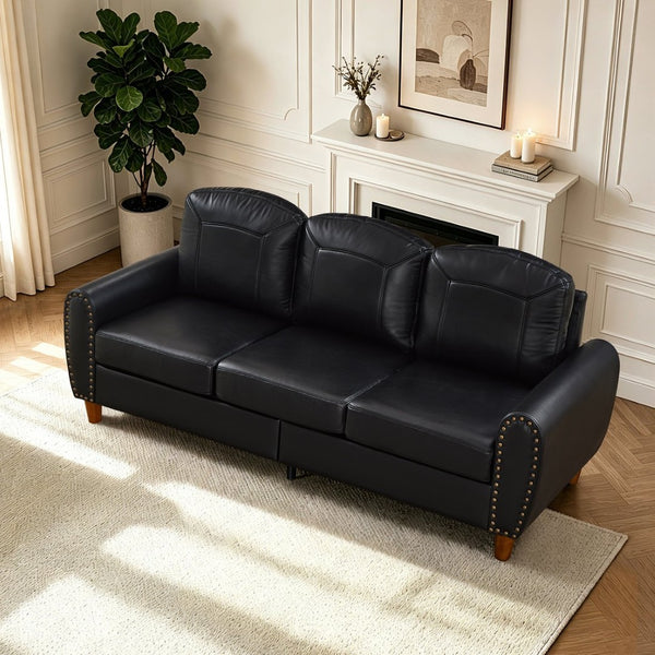 English Elm 81.5" Club Style Faux Leather Sofa with Brass Nailhead Trim and Solid Rubberwood Legs Black W1097S00300