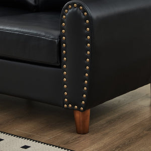 English Elm 81.5" Club Style Faux Leather Sofa with Brass Nailhead Trim and Solid Rubberwood Legs Black W1097S00300