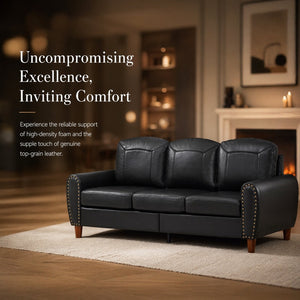 English Elm 81.5" Club Style Faux Leather Sofa with Brass Nailhead Trim and Solid Rubberwood Legs Black W1097S00300