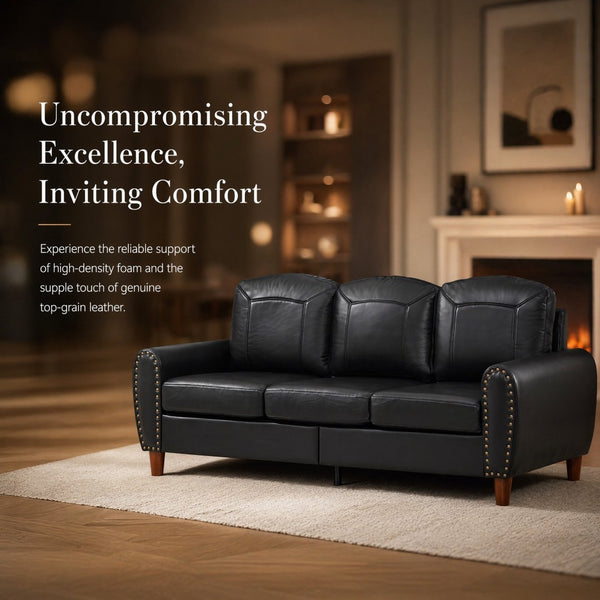 English Elm 81.5" Club Style Faux Leather Sofa with Brass Nailhead Trim and Solid Rubberwood Legs Black W1097S00300