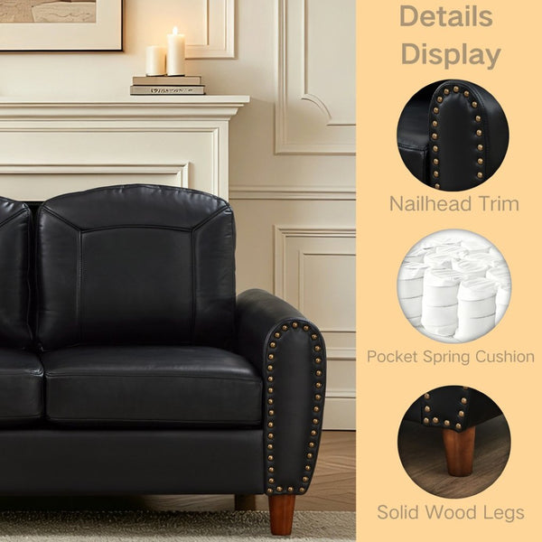 English Elm 81.5" Club Style Faux Leather Sofa with Brass Nailhead Trim and Solid Rubberwood Legs Black W1097S00300
