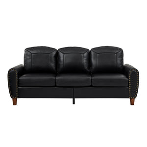 English Elm 81.5" Club Style Faux Leather Sofa with Brass Nailhead Trim and Solid Rubberwood Legs Black W1097S00300