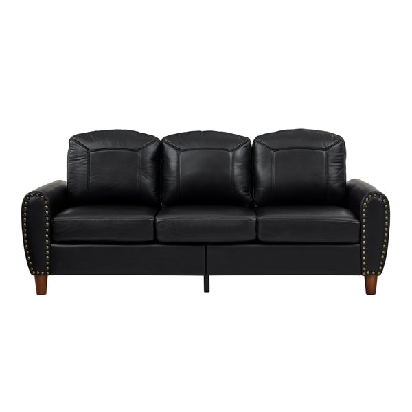 English Elm 81.5" Club Style Faux Leather Sofa with Brass Nailhead Trim and Solid Rubberwood Legs Black W1097S00300