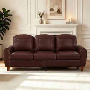 English Elm 81.5" Club Style Faux Leather Sofa with Brass Nailhead Trim and Solid Rubberwood Legs Burgundy W1097S00301
